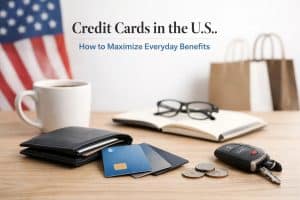 Credit cards arranged on a wooden desk next to a black wallet, coins, and a car key, with a blurred American flag, coffee mug, notebook, and shopping bags in the background, illustrating everyday use of credit cards and personal finance in the United States.