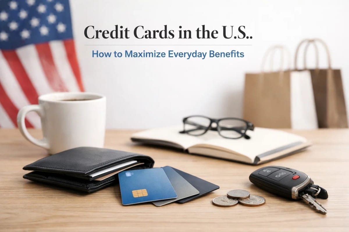 Credit cards arranged on a wooden desk next to a black wallet, coins, and a car key, with a blurred American flag, coffee mug, notebook, and shopping bags in the background, illustrating everyday use of credit cards and personal finance in the United States.