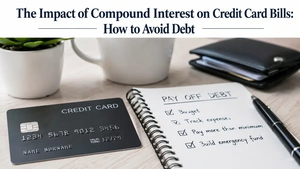 Minimalist and realistic financial scene about credit cards and compound interest debt prevention. A modern desk displays a black credit card, a notebook with a handwritten debt payoff checklist, a pen, a wallet, and a coffee mug under soft natural lighting. At the top, the title “The Impact of Compound Interest on Credit Card Bills: How to Avoid Debt” appears in elegant typography. The composition is clean, balanced, and designed for a U.S. audience, emphasizing responsible use of credit cards and financial organization.